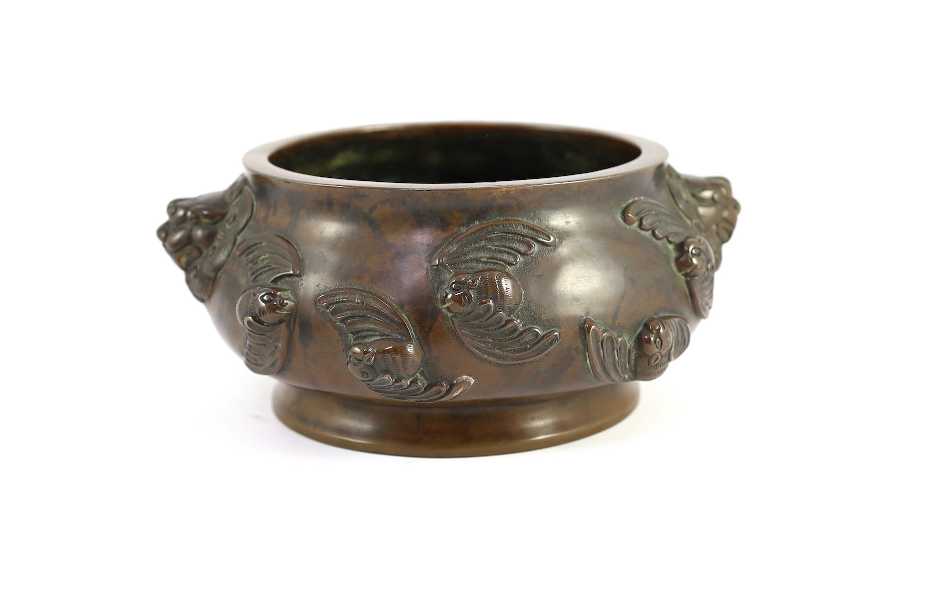 A large Chinese bronze ding censer, the wood cover with pale celadon jade finial, 22cm across